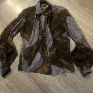 Boss Silk-Blend Sheer Blouse – Size 6 – Elegant Baroque Print